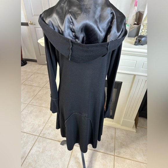 Long Hooded Jacket Goth Satin Lined Silver Zip Up Cardigan Pockets Flare Punk M - Picture 3 of 8